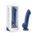 Blush Avant D8 silicone dildo in indigo with ergonomic shape and suction base, shown inside packaging and separately.