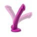 Violet ergonomic silicone toy with suction base shown in multiple angled positions on white background.