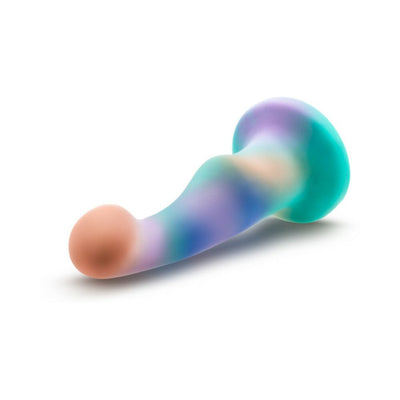 Curved aqua and pastel multicolor silicone dildo with suction cup base for hands-free play.