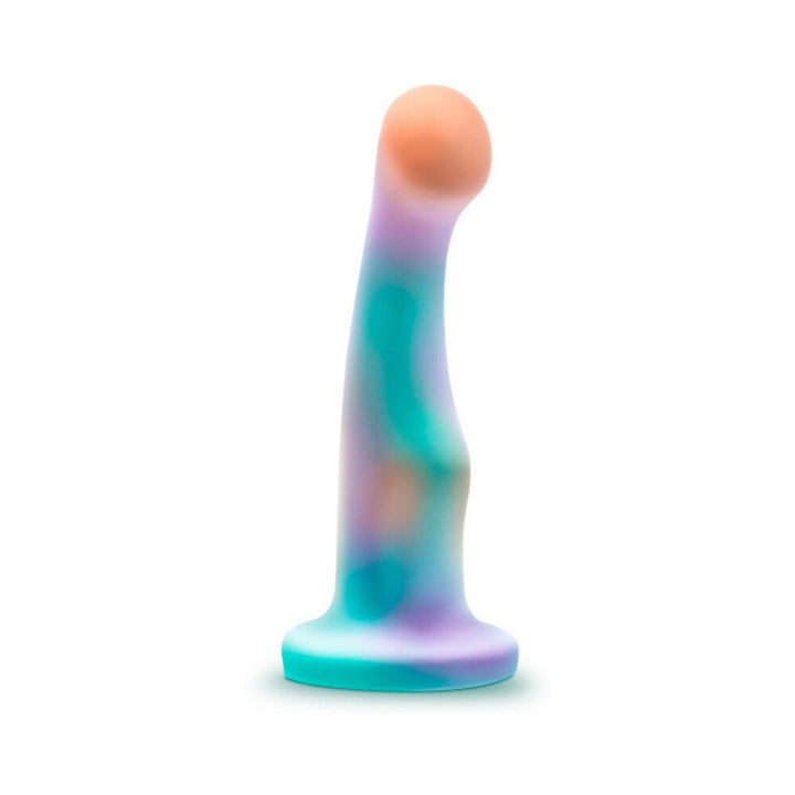Curved silicone dildo with aqua, purple, and peach tones, featuring a broad head and suction cup base for versatile use.