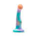 Curved silicone dildo with aqua, purple, and peach tones, featuring a broad head and suction cup base for versatile use.