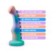 Curved aqua silicone dildo with suction base and text highlighting features like body-safe, handcrafted, and harness compatible.