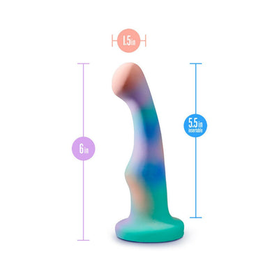 Curved aqua silicone dildo with multicolor gradient, 6 inches long and 1.5 inches wide, featuring a suction cup base.
