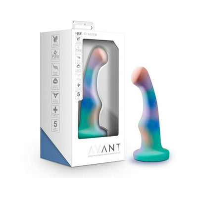 Blush Avant Opal Dreams dildo in aqua with curved shape and suction cup, shown next to its white and blue packaging box.