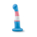 Blue, pink, and white silicone dildo with a curved tip and suction cup base, featuring the transgender pride flag colors.