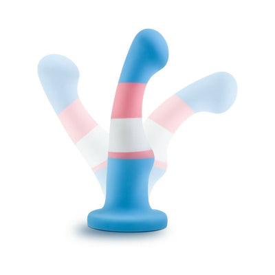 Blue silicone dong with transgender pride colors and flexible, curved design on a white background