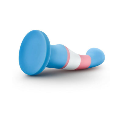 Blue, pink, and white silicone pride-themed curved toy with suction cup base on white background