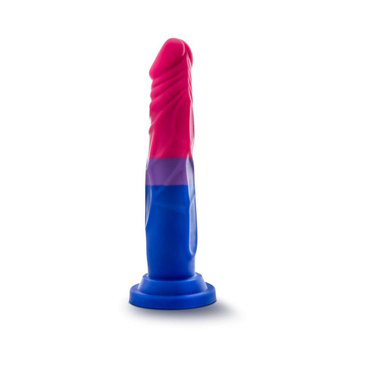 Blush Avant P8 dildo with bisexual pride colors in pink, purple, and blue, featuring a suction cup base.