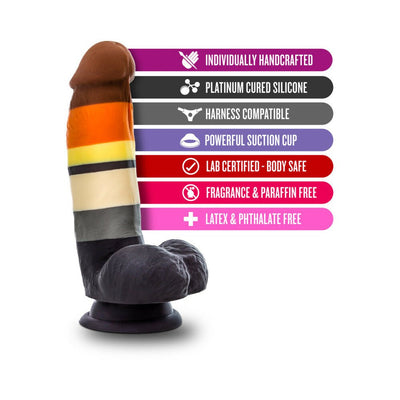 Multi-color Bear Pride dildo with suction cup base, handcrafted from platinum-cured silicone, harness compatible, and body safe.