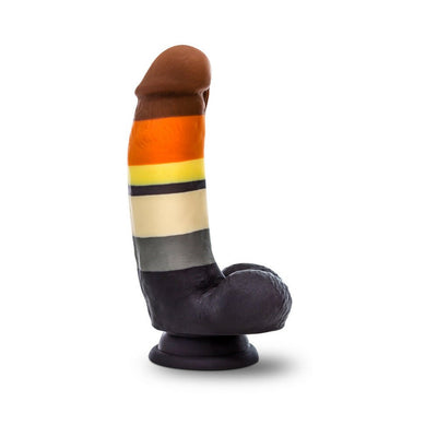 Multi-colored Bear Pride dildo with realistic details and suction cup base, featuring brown, orange, yellow, black, cream, gray, and black stripes.
