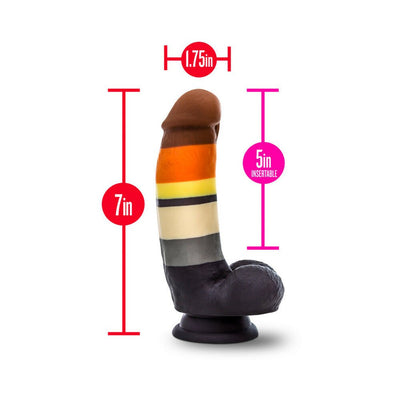 Multi-colored Bear Pride dildo with realistic texture, 7-inch length, 5-inch insertable, and 1.75-inch width with suction cup base.
