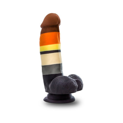 Multi-colored Bear Pride dildo with realistic details and suction cup base, featuring brown, orange, yellow, cream, gray, and black stripes.