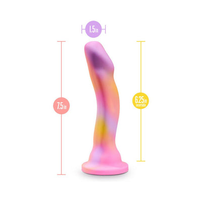 Pink and multicolor curved dildo with suction cup base, 7.5 inches long and 1.5 inches wide, designed for G or P spot stimulation.