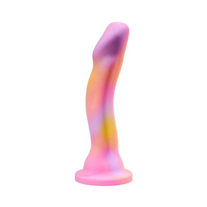 Pink and multicolor curved silicone dildo with suction cup base, designed for targeted stimulation and hands-free use.