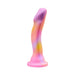 Pink and multicolor curved silicone dildo with suction cup base, designed for targeted stimulation and hands-free use.
