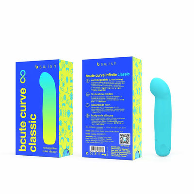 Bcute Curve Infinite Classic blue silicone bullet vibrator with front and back packaging showing product features and branding.