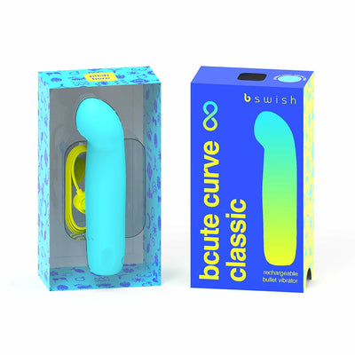Bcute Curve Infinite Classic rechargeable bullet vibrator in blue with yellow charging cable and colorful packaging box.