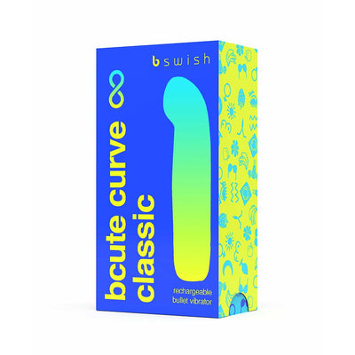 Packaging box of Bcute Curve Infinite Classic rechargeable bullet vibrator in blue and yellow with product silhouette and branding.