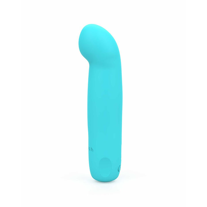 Sleek turquoise silicone curved g-spot stimulator with smooth rounded tip and ergonomic design.
