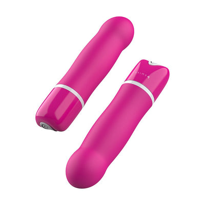 Sleek rose-colored B Swish Bdesired Deluxe vibrator with smooth silicone finish and contoured tip shown from two angles.