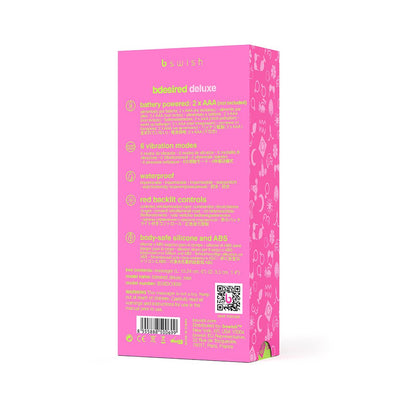 Back view of B Swish Bdesired Deluxe Rose packaging highlighting features and specifications in multiple languages.
