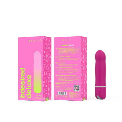 B Swish Bdesired Deluxe rose-colored vibrating massager with sleek design and matching pink packaging box shown from front and back.