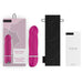Rose-colored B Swish Bdesired Deluxe vibrator with packaging, black storage pouch, and user guide laid out on white background.