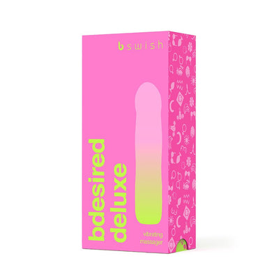 Packaging of B Swish Bdesired Deluxe vibrating massager in rose pink with green text and icons on the side.