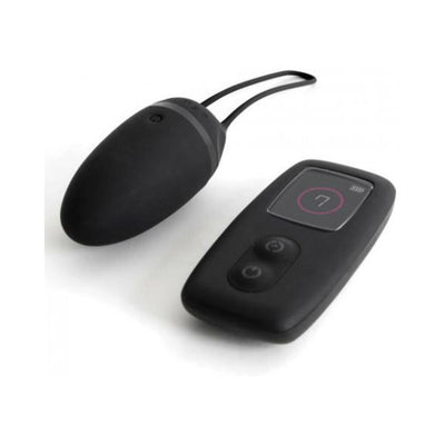 Black wireless remote-controlled bullet vibrator with silicone surface and LED display on remote.