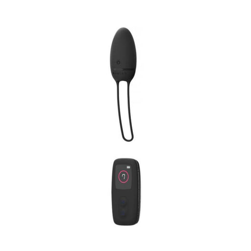 Black silicone bullet massager with loop handle and wireless remote control displaying vibration settings.