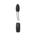 Black silicone bullet massager with loop handle and wireless remote control displaying vibration settings.