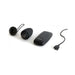 Black compact bullet massager with wireless remote and magnetic USB charging cable on white background.