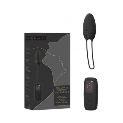 B Swish Bnaughty Premium Unleashed black silicone bullet massager with wireless remote and sleek packaging.