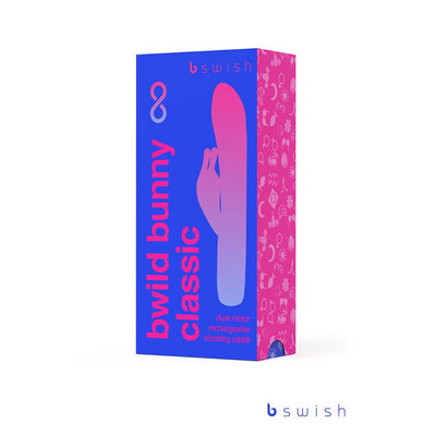 Packaging box of Bwild Infinite Classic Bunny vibrator in blue and pink with product silhouette and branding details.