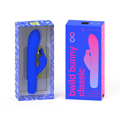 Bwild Infinite Classic Bunny vibrator in blue with USB charging cable, displayed next to vibrant blue and pink packaging.
