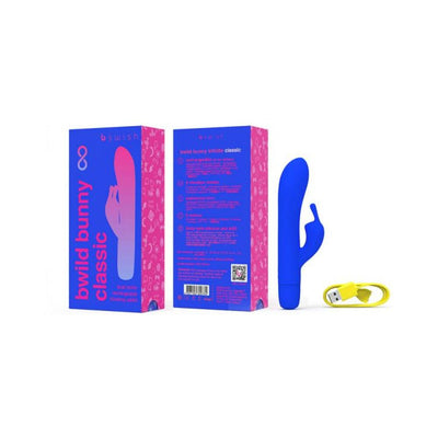 Blue Bwild Infinite Classic Bunny vibrator with packaging and yellow USB charging cable displayed on white background.