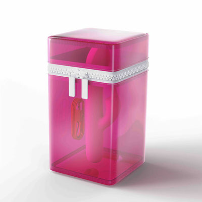 Pink translucent storage case with a Bwild Infinite Classic Limited Edition Bunny and USB charging cable inside.