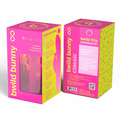 Bright pink and yellow packaging of Bwild Bunny Infinite Classic dual motor rechargeable vibrating rabbit with product details and window display.