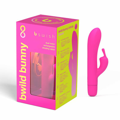 Bright pink Bwild Infinite Classic Limited Edition Bunny vibrator with packaging highlighting features and dual motor design.