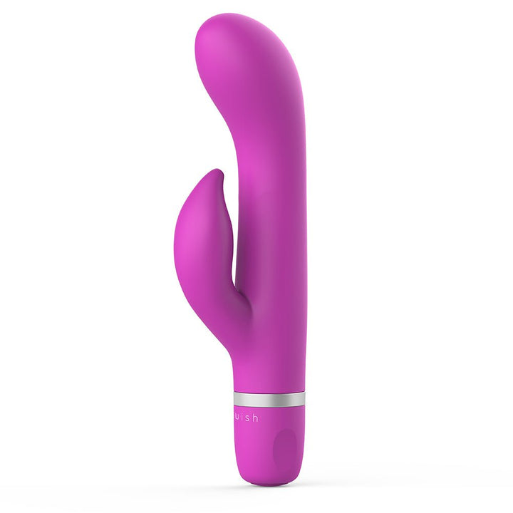 Cerise-colored B Swish Bwild Classic Marine Vibrator with curved design and dual stimulation arms on white background.