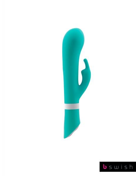 Teal silicone dual stimulation vibrator with curved shaft and clitoral stimulator, sleek ergonomic design by B Swish.