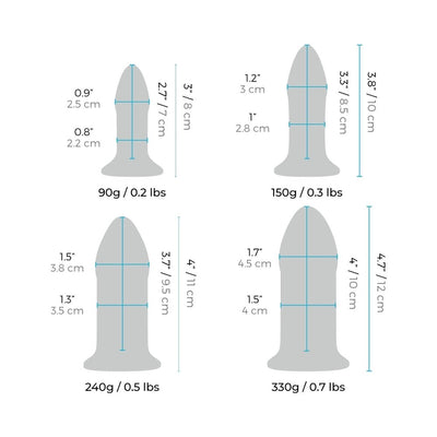 Diagram showing dimensions and weights of four sizes in the b-Vibe Glass Anal Dilator set for progressive training.