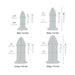 Diagram showing dimensions and weights of four sizes in the b-Vibe Glass Anal Dilator set for progressive training.