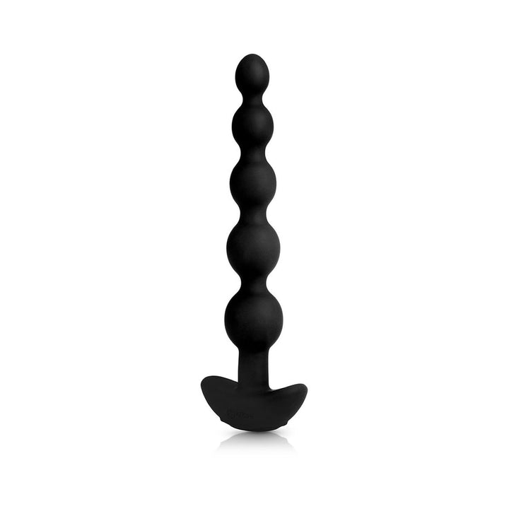 Black silicone anal beads with five graduated rounded segments and a curved base handle.