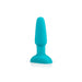 Teal silicone B-Vibe Rimming Plug 2 with tapered tip and wide base on white background.