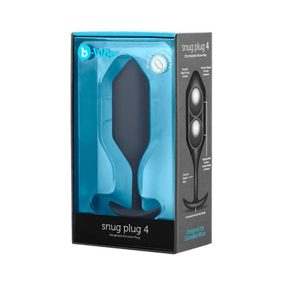 B-Vibe Snug Plug 4 black weighted silicone plug in retail packaging with blue and black design.