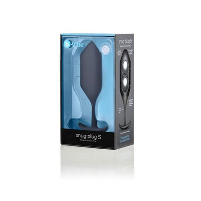B-Vibe Snug Plug 5 XXL in black, packaged in a clear display box with blue and black accents.