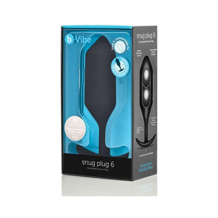 b-Vibe Snug Plug 6 black weighted silicone plug in retail packaging with product details and award badge visible