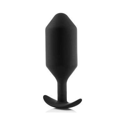 Black silicone weighted butt plug with tapered tip and curved base for comfortable, secure fit.
