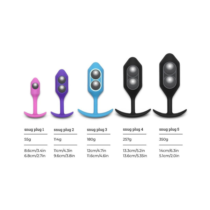 Set of five B-Vibe Vibrating Snug Plugs in various sizes and colors with weight and dimension details.